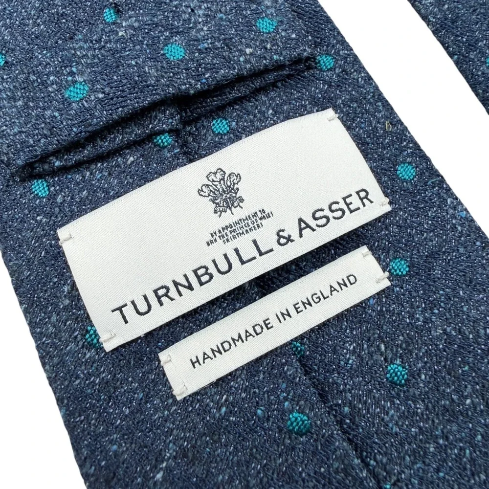 Turnbull & Asser Mens Navy Blue Teal Polka Dot 100% Silk Tie‎ Handmade England